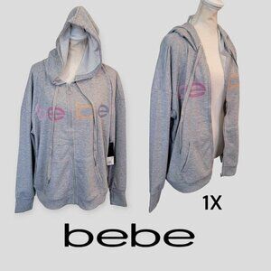 BEBE Women's Heather Grey Hoodie Full Zip Sweater Jacket 1X NWT
